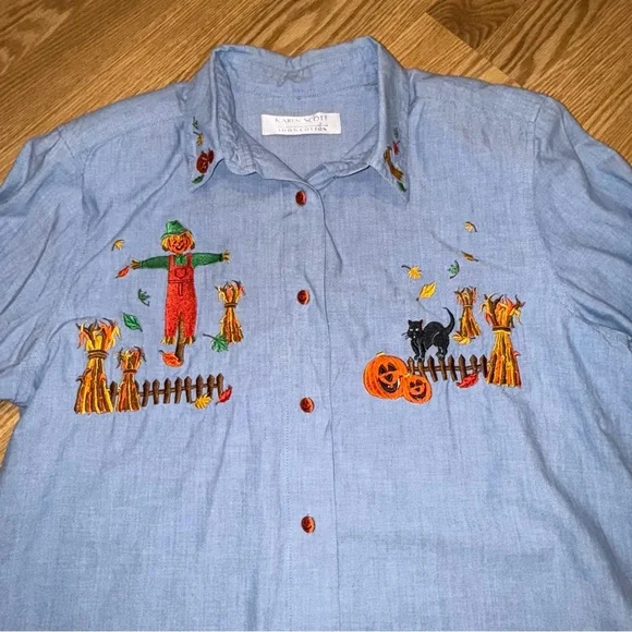 Karen Scott Chambray Halloween Button Up Shirt 100% Cotton Sz XL - Picture 1 of 7